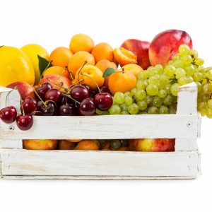 Various fruits in wooden box