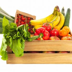 Wooden crate fresh vegetables and fruit