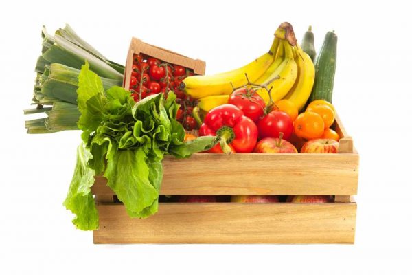 Wooden crate fresh vegetables and fruit